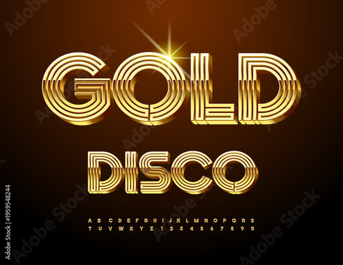 Vector Premium invitation Gold Disco. Unique Fashion Font. Trendy Chic 3D Alphabet Letters and Numbers set.