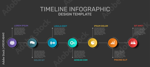 Horizontal timeline infographic template with colorful circular icons, progress line, and placeholder text on black background. Vector illustration.