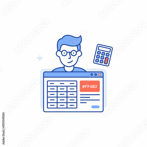 Man with Glasses Working on Digital Spreadsheet and Calculator.