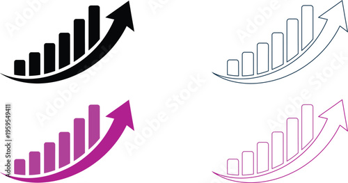 Four colorful bar graph icons with upward trending arrows