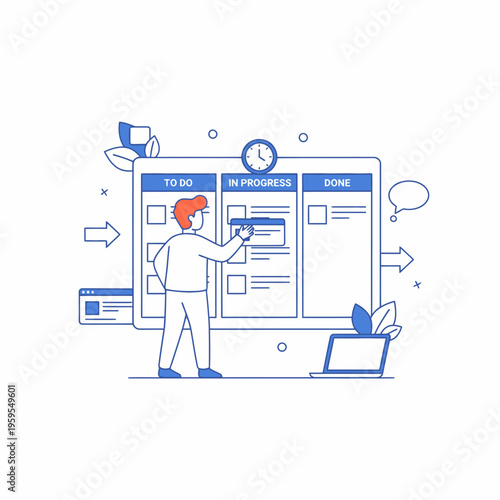 Man working on a Kanban board with tasks in progress.