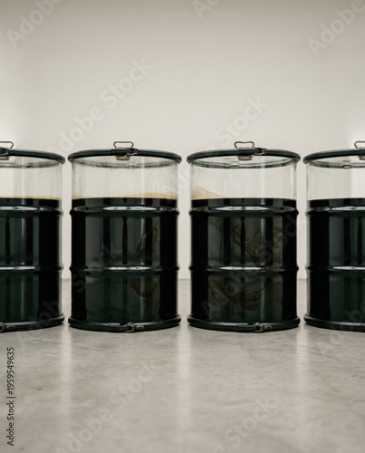 Glass oil barrels filled with crude oil in row