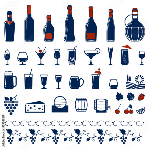 Wine icons set. Dark blue and red icon images of alcohol bottles, glasses, barrels, food. Vector illustration.	
