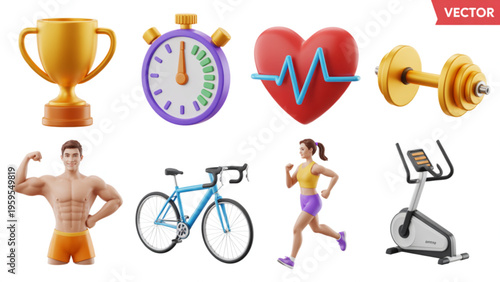 Set of 3d icons representing various aspects of fitness, sports training and healthy lifestyle Vector
