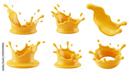 A collection of dynamic orange liquid splashes representing fresh fruit juice or creamy sauce Vector