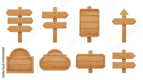 Set of various wooden signboards and directional pointers with different shapes and rustic textures Vector
