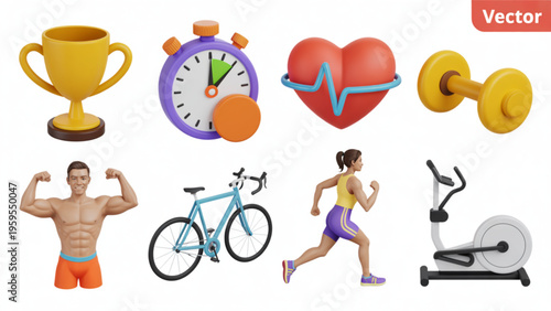 A collection of colorful 3d fitness and health icons featuring sports equipment and active people Vector