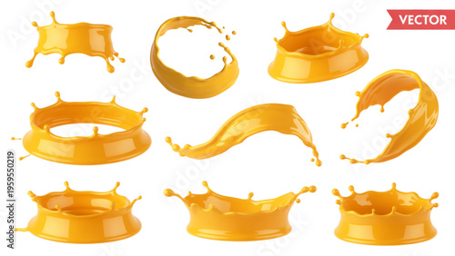 Collection of realistic yellow liquid splashes forming circular crowns and dynamic wave shapes Vector