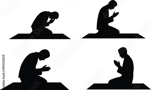 Muslim prayer silhouettes set, Islamic salah positions, man praying namaz, worship devotion, Ramadan spirituality, kneeling bowing prostration, black isolated illustration