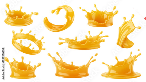A collection of realistic orange juice splashes and liquid crown shapes for beverage advertising Vector