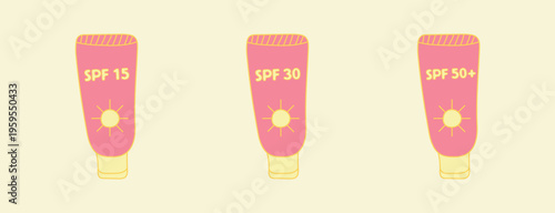 Set of cosmetic products in yellow and pink colors with SPF15, SPF 30 and SPF 50+ markings. Illustrations of sunscreen for skin protection from the sun with a sun sign and a corresponding marker.