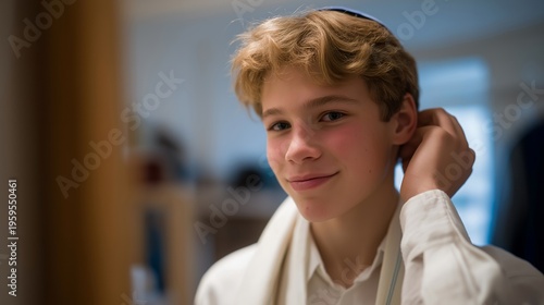 Young teen adjusting kippah in mirror before bar mitzvah service, nervous smile, tallit draped over shoulder, family photos visible, ideal for bar mitzvah preparation readiness, and modern maturity
