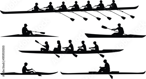 Rowing team silhouettes, kayak and canoe athletes paddling on water, sports competition, teamwork endurance training, isolated black vector illustration set