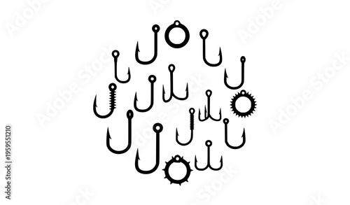 Various fishing hook silhouettes in circular layout vector icon collection editable design