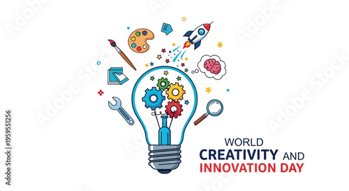 Vector illustration celebrating world creativity and innovation day featuring a large lightbulb filled with colorful gears and surrounded by various tools symbolizing artistic and inventive thought pr