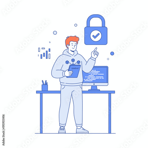 Man working on computer with security lock icon above.