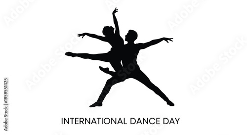 This elegant vector graphic illustration beautifully captures the dynamic essence of International Dance Day, showcasing two silhouetted ballet dancers in a graceful, expressive pose that celebrates t