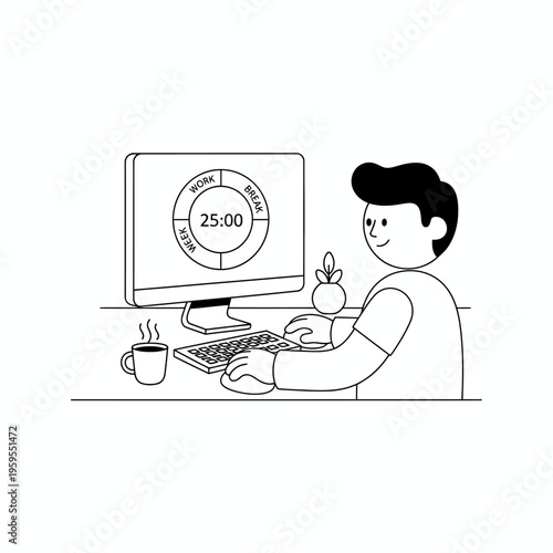 Man working on computer with timer on screen.