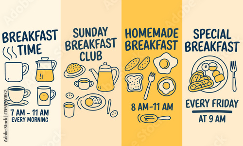 Breakfast club promotion poster with coffee tea pancakes eggs vector illustration minimalist yellow design