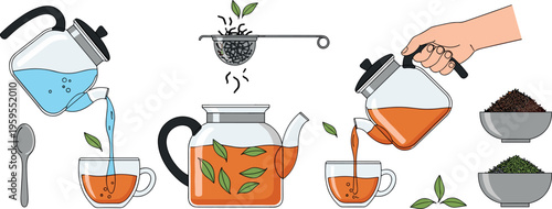 Tea brewing process set with teapot pouring herbal tea strainer leaves cup and kettle hand drawn vector illustration isolated
