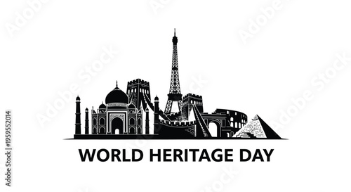 This striking vector illustration visually represents the essence of World Heritage Day through a meticulously designed silhouette featuring famous international landmarks like the Eiffel Tower, Taj M