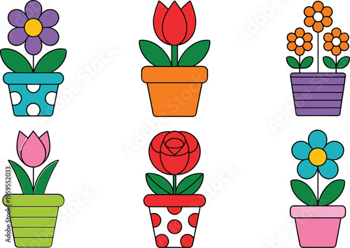 Colorful flower pot flat vector illustration set with rose tulip and daisy icons for gardening spring decor and floristry.