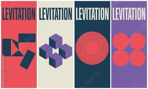 Minimalist geometric levitation design with cubes and circles on vibrant gradient backgrounds