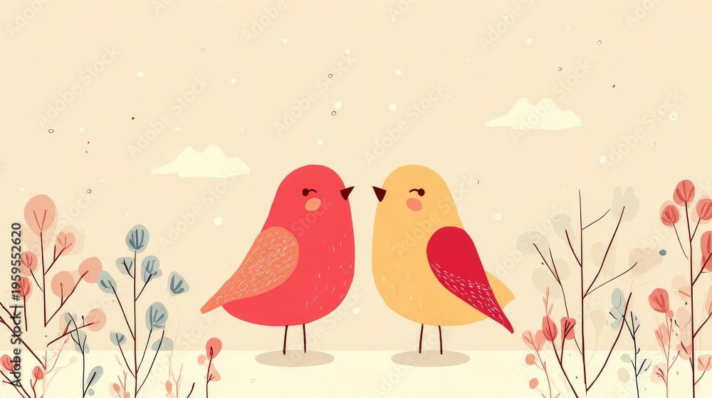 Fototapeta premium Flat illustration, simple nature elements, clean background, cute birds.