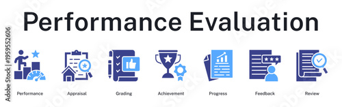 Performance evaluation cycle from appraisal and grading to achievement tracking and feedback review