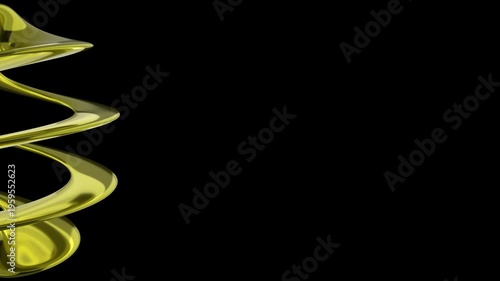 Abstract dark background animation featuring dynamic twisted ribbon-like shapes rotating around a central axis. Luxurious fluid motion of intertwining black and gold elements creates a mesmerizing sea