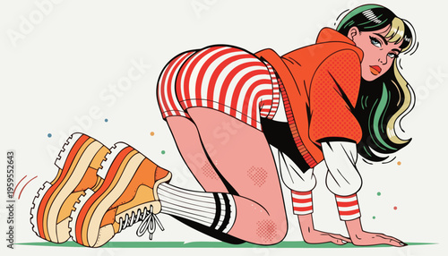 Stylish Gen Z Woman in Trendy Streetwear Fashion Posing for Urban Youth Culture and Social Media Influencer Branding Vector Illustration