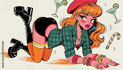 Stylish Young Woman in Trendy Streetwear with Red Beret and Cocktails Vector Illustration for Urban Youth Culture Nightlife and Fashion Branding