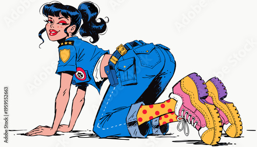 Trendy Young Woman in Stylized Police Security Uniform and Platform Boots Vector Illustration for Creative Branding Youth Culture and Edgy Fashion Marketing Concepts