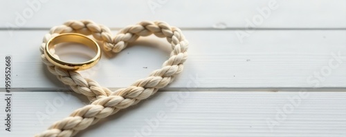 Heart-shaped rope entwined with double gold ring on white wood , wooden, gift