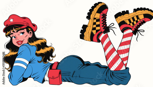 Trendy Streetwear Fashion Character of a Young Woman with Platform Boots and Striped Socks Vector for Youth Culture Branding and Lifestyle Marketing