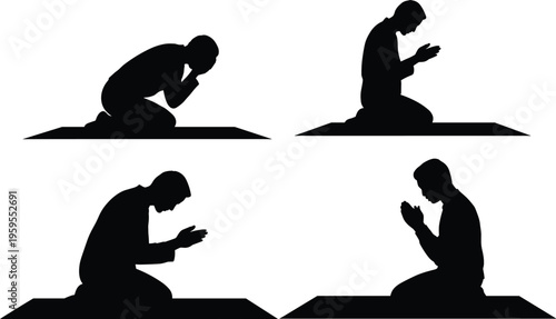 Silhouette of Muslim men praying in different salah positions, Islamic prayer concept, devotion, spirituality, worship, Ramadan, faith, meditation, religious ritual