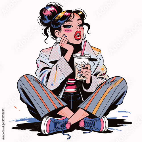 Trendy Gen Z Woman Sitting and Relaxing with Iced Coffee Vector Illustration for Urban Lifestyle Streetwear Fashion Branding and Youth Culture Marketing Concepts