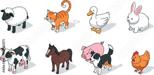 Farm animals characters set with sheep cat duck rabbit cow horse pig dog and chicken cartoon vector illustration isolated