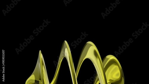 Abstract dark background animation featuring dynamic twisted ribbon-like shapes rotating around a central axis. Luxurious fluid motion of intertwining black and gold elements creates a mesmerizing sea