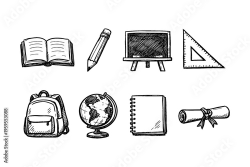 Collection of hand-drawn school supplies and educational items on a white background