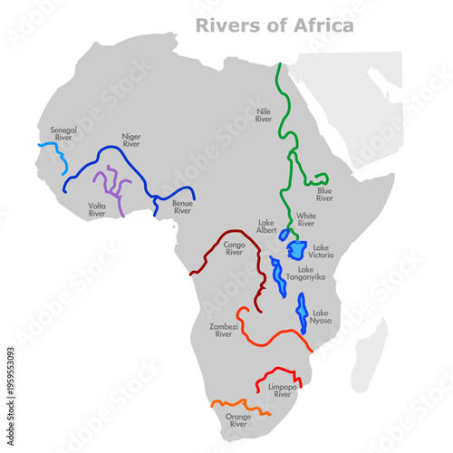 Africa major rivers. largest lakes, basins. Congo, Nile, Niger, River, zambezi, orange rivers map. Location of river basins and lakes in Africa.. Illustration vector