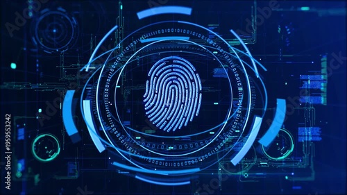 Futuristic digital fingerprint scanner with glowing neon padlock icon representing biometric security and authentication on a dark abstract background.
