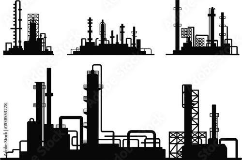 Industrial oil refinery factory silhouettes set isolated black pipeline structures energy industry concept