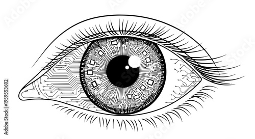Human eye illustration with intricate circuit board pattern in iris and digital pathways representing artificial intelligence and advanced technology concepts for futuristic design projects.