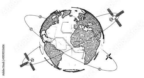 Global digital network communication concept featuring satellites orbiting planet Earth illustrated with integrated circuit board patterns in black and white.