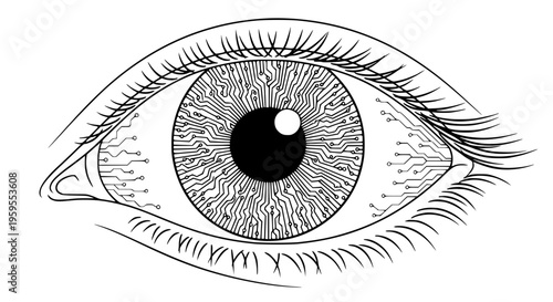 Human eye illustration featuring intricate circuit board patterns and microchips, symbolizing artificial intelligence, data, and future technology concepts for digital vision.