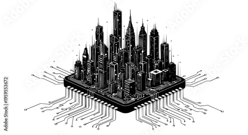 Abstract black and white illustration of a futuristic smart city skyline developing directly on a microchip integrated circuit board connections concept.