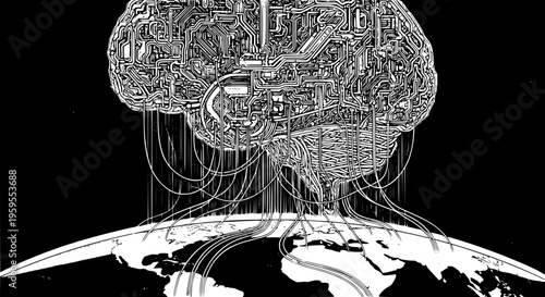 Digital brain illustration made of intricate circuit board patterns connecting to Earth with data cables in outer space representing global intelligence and artificial consciousness.