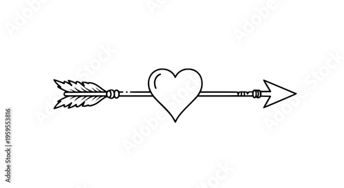 Stylized outline drawing of Cupid's arrow piercing a simple heart shape, perfect for romantic design elements.