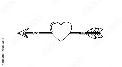 Clean minimalist black outline heart pierced by an arrow line art illustration symbolizing enduring love and romance. Perfect vector graphic for Valentine's Day designs, romantic concepts, and emotion